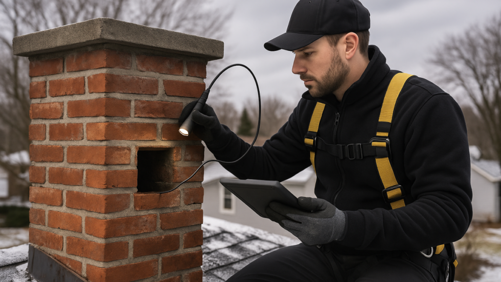 chimney inspection on snowy rooftop 1200x675 chimney inspection on snowy rooftop 1200x675